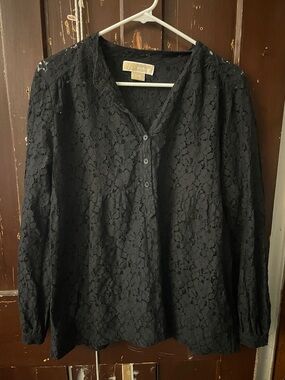 Black Lace Long-Sleeve Henley Top - MICHAEL Michael Kors